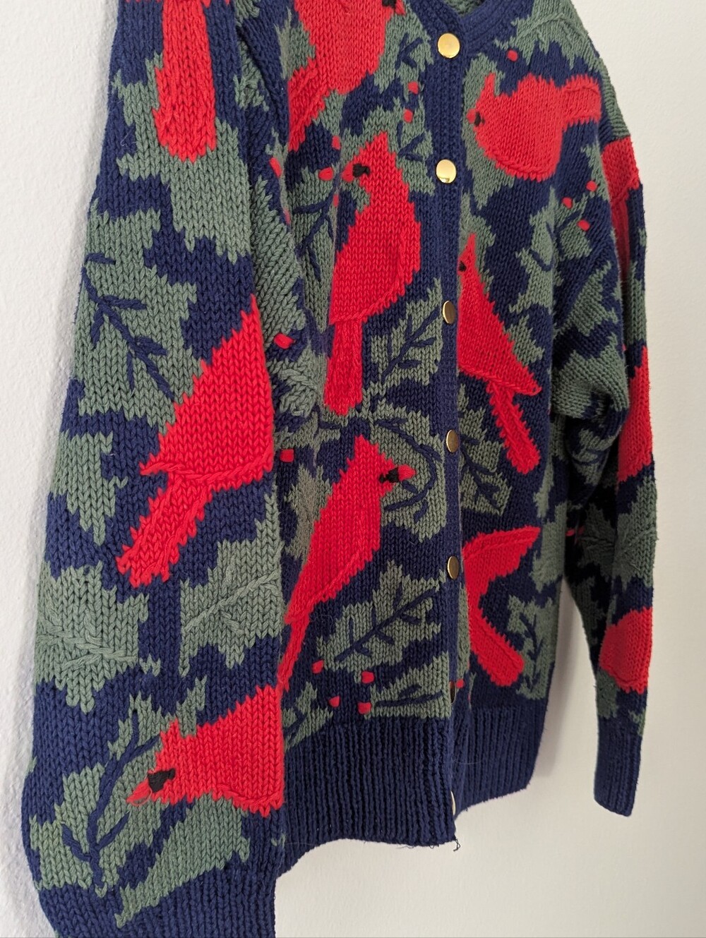 Orvis Women's Navy Cardigan Sweater with Red Cardinal Motif - Picture 3 of 7